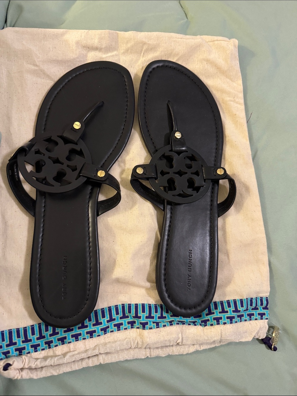 Tory Burch Black Miller Logo Thong Sandals with Gold Studs